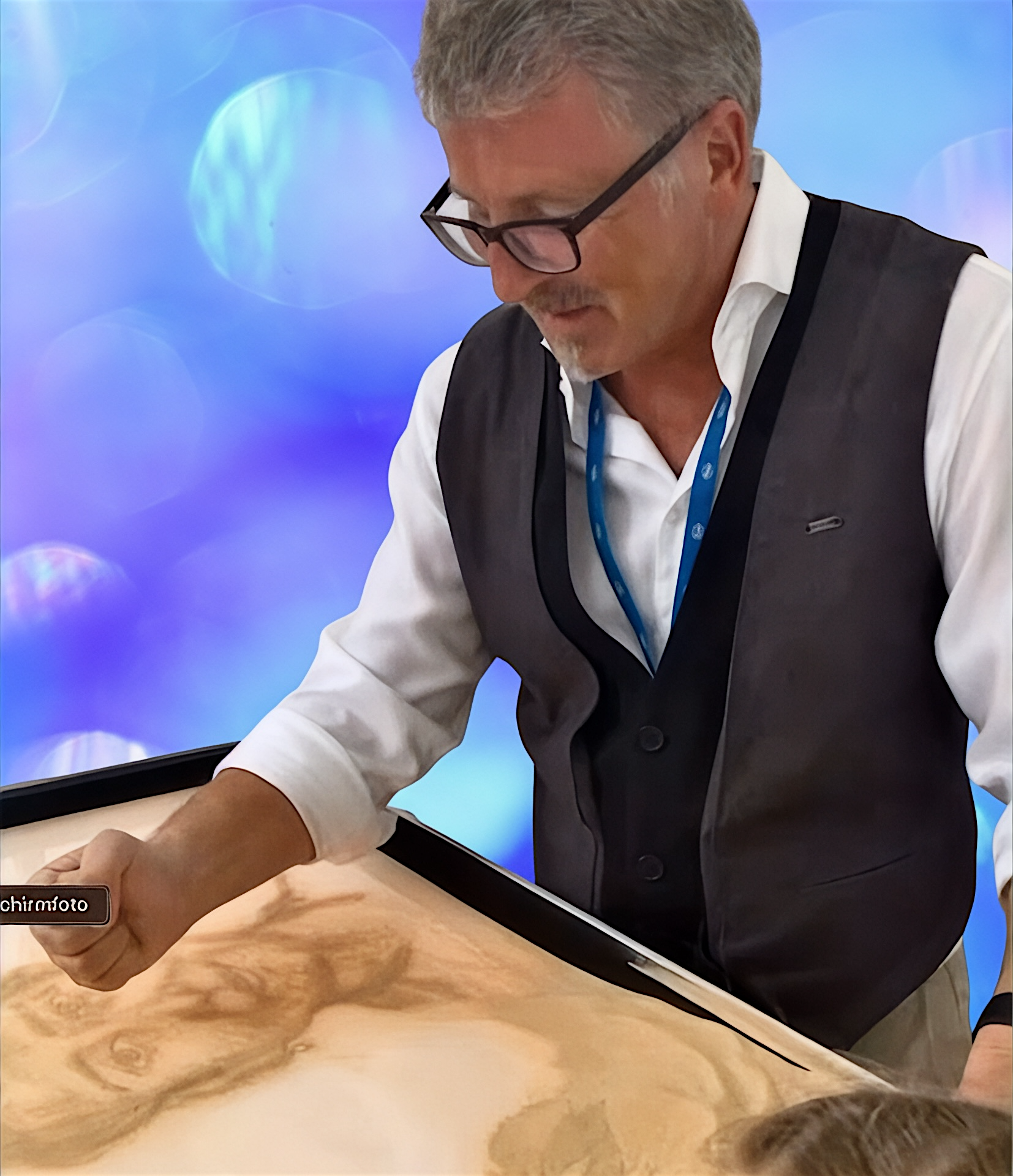 Urs Rudin beim Malen von einem Sandportrait